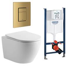 Komplet toiletpakke med Lavabo Rimless vægtoilet og Soft Close sæde, Grohe cisterne med messing knap