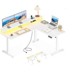 OffiGo skrivbord höjoch sänkbart, 150 x 120 cm hörnskrivbord, Elektriskt Skrivbord med monitorhållare, Standing Desk i L-form med eluttag, datorskrivbord med RGB LED för kontor, Vit