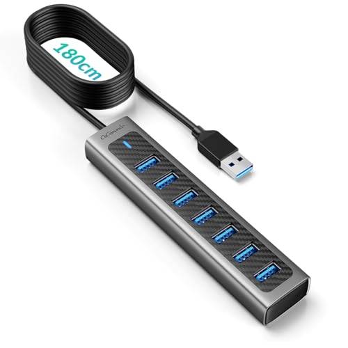 Gimundo GM7U 7-port USB HUB 3.0 aluminium, 1,8 m lång kabel med 5 V/3 A Type-C strömanslutning, USB-distributör 3.0 för PC-bärbar dator, stationär dator, PS4, PS5, äldre Mac