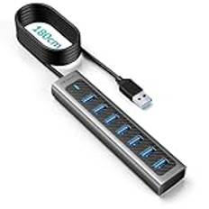 Gimundo GM7U 7-port USB HUB 3.0 aluminium, 1,8 m lång kabel med 5 V/3 A Type-C strömanslutning, USB-distributör 3.0 för PC-bärbar dator, stationär dator, PS4, PS5, äldre Mac