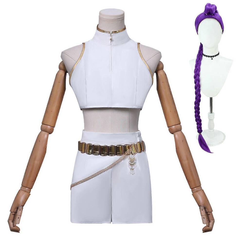 (140 Kids, Rumi With Wig) KPop Demon Hunters Cosplay Costume Set Rumi Mira Zoey Halloween Party Fancy Dress for Womens White _c A