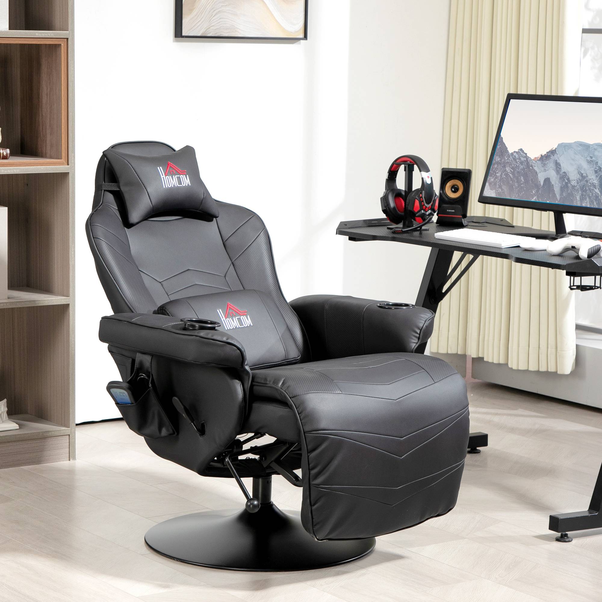 Gamingstol med massagefunktion, lænelæn, fodstøtte, op til 120 kg, stålstel, kunstlæder, sort.