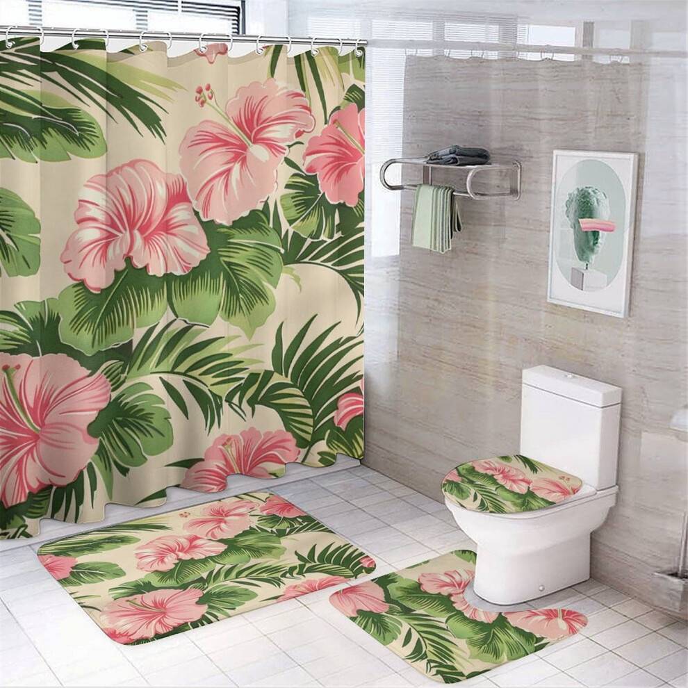 4-delt tropisk brusesæt: Forhæng, tæppe, toiletbetræk og U-formet måtte – vandtæt, akvarel blomsterdesign