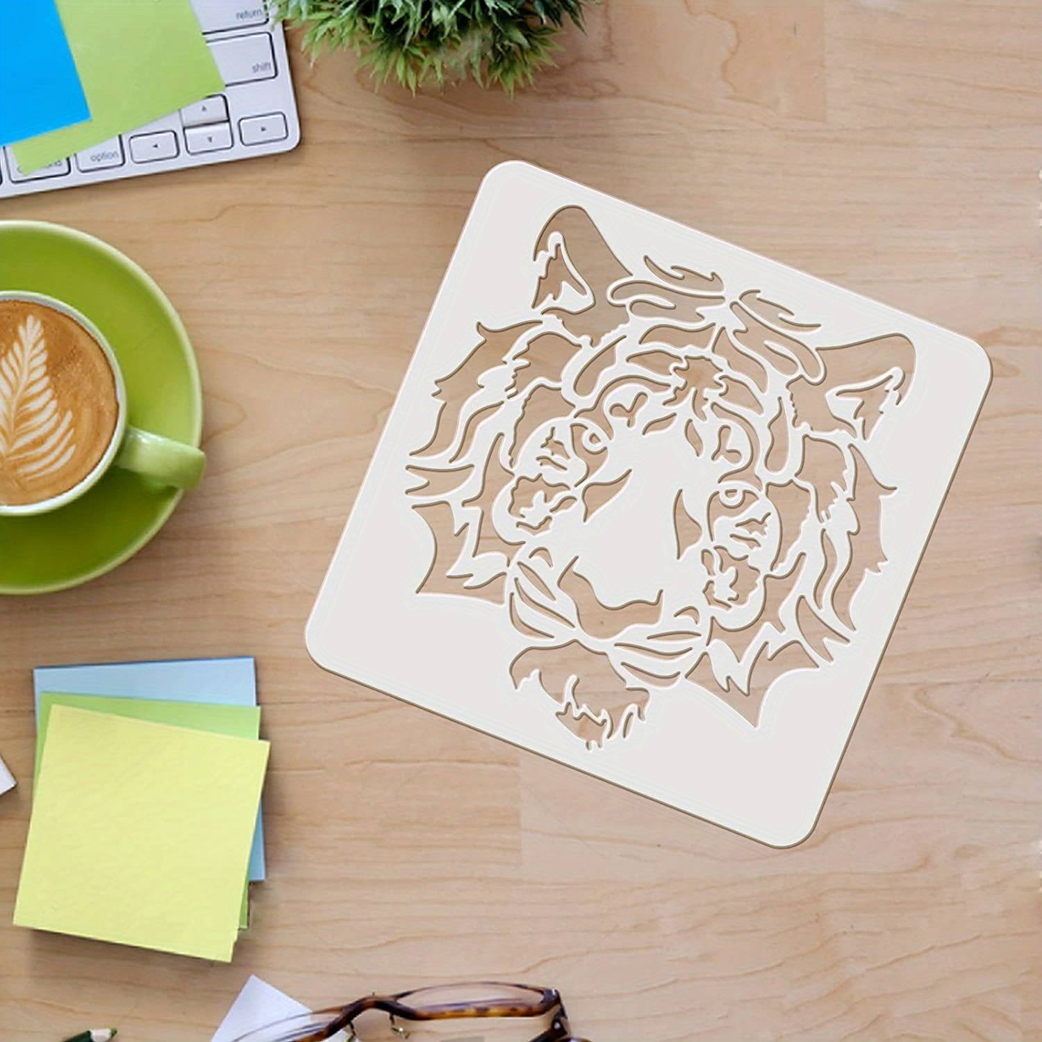 1pc Tiger Stencils Template 11.8x11.8 Inch Plastic Drawing Painting Stencils Square Reusable Animal Head Stencils For Painting On Wood, Floor, Wall And Fabric