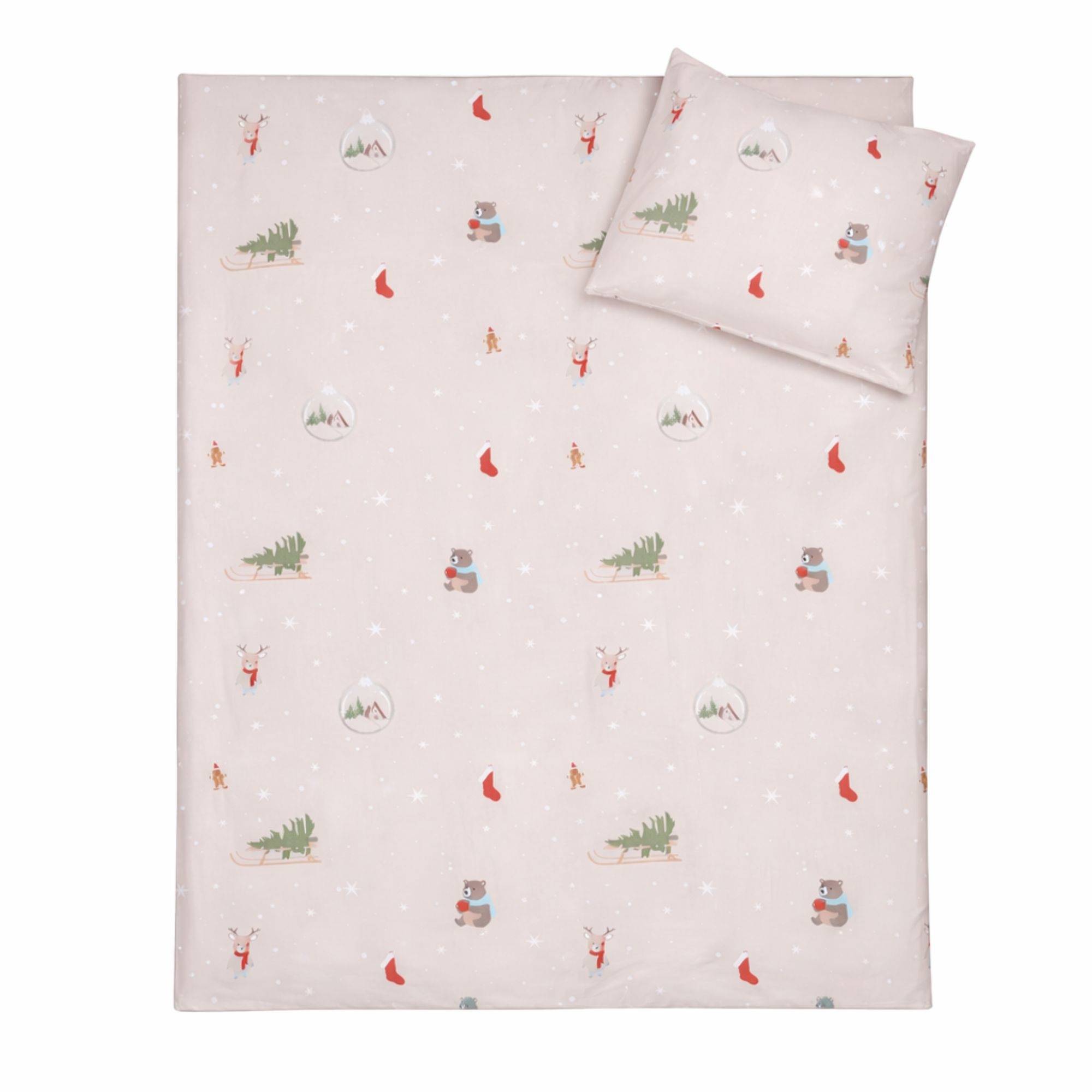 Julesengetøj - 100% bomuld - Babysengetøj 70x100 cm - Beige med juleikoner