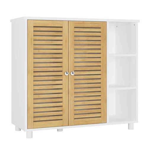 FORABAMB Badezimmerschrank, Unterschrank Badkommode, Badschrank mit Doppeltüren aus Bambus, 3 offene Fächer, Freistehender Beistellschrank für Badezimmer, Wohnzimmer und Küche, 77 x 30 x 80 cm