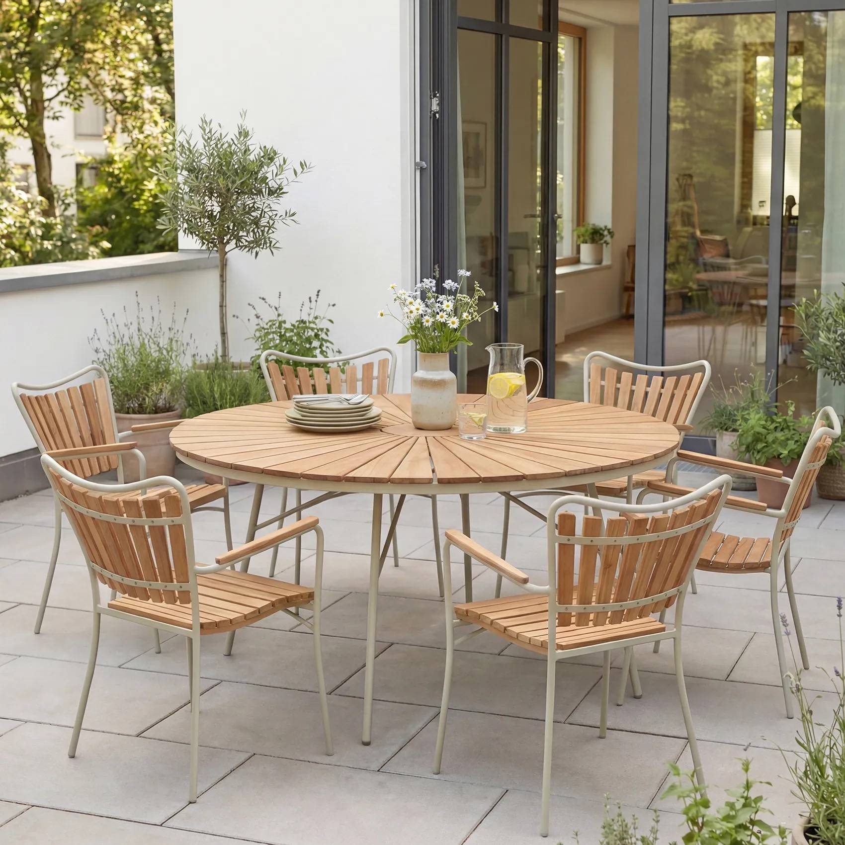 Ellen matgrupp teak/sand - 6 stolar, Ø150 cm - Beige/Träfärgad