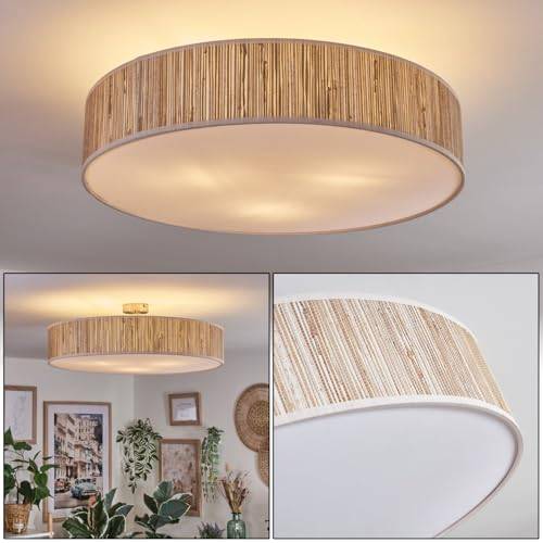HOFSTEIN Foggia taklampa, taklampa av metall/rush halm/plast i matt nickel/naturlig/vit, rund lampa i modern design (Ø 60 cm), E27, matsal, vardagsrum, sovrum, kök