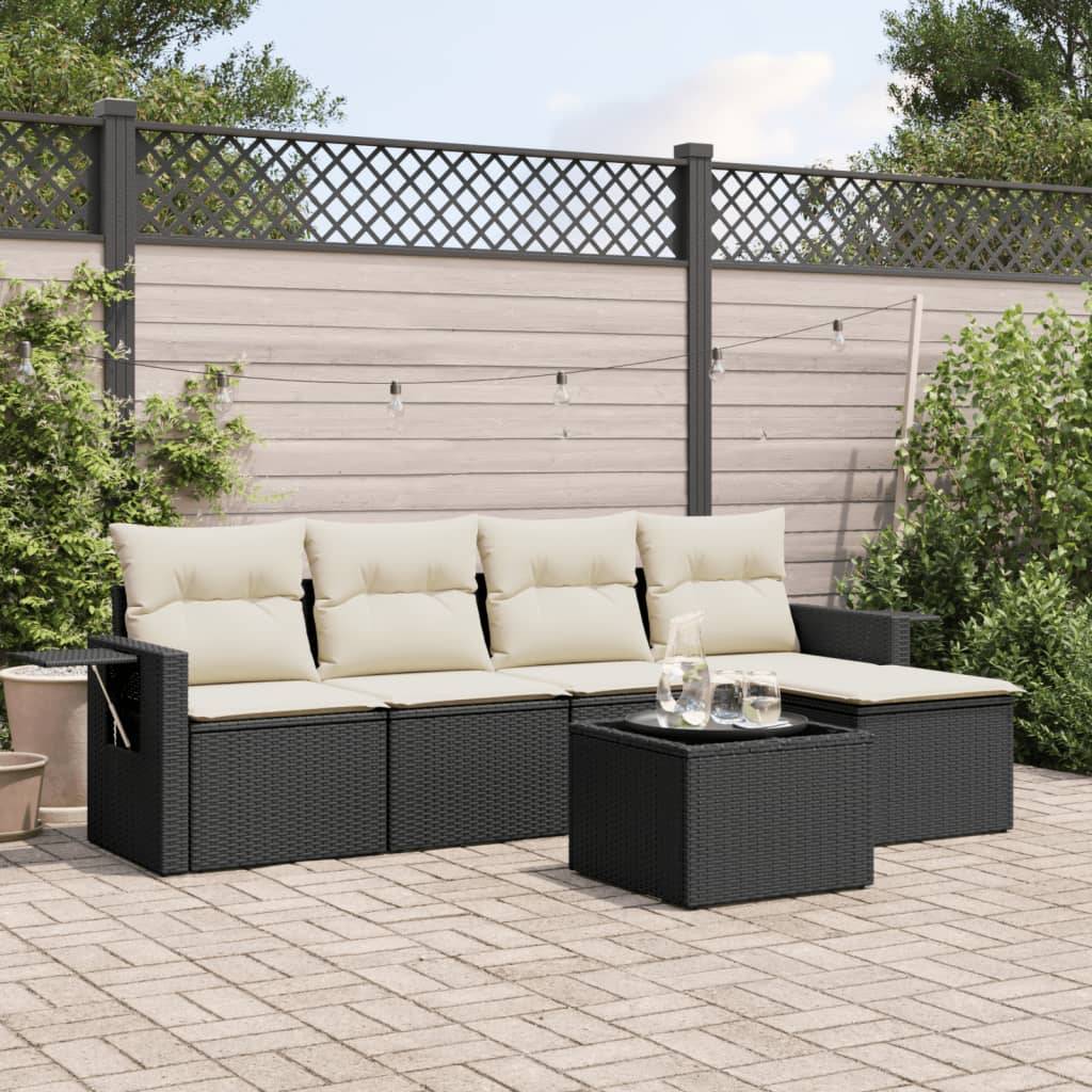 Sofasæt Til Haven 5 Dele Med Hynder Polyrattan - Sort og cremefarvet / Med bord