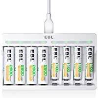 EBL batteriladdare med 4 x AA 2 800 mAh och 4 x AAA 1 100 mAh batterier USB-ingång batteriladdare snabb batteriladdare för AA/AAA NI-Mh-batterier