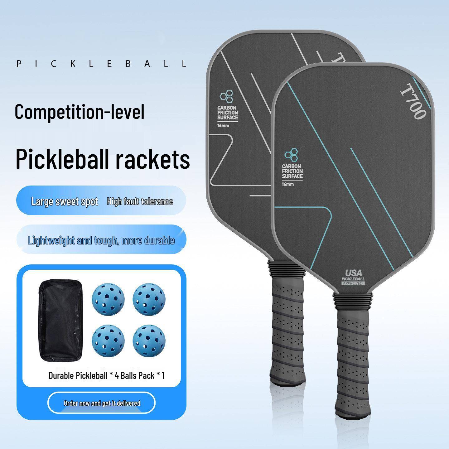 Professionell Pickleballracket - Kolfiber T700, 3K Fullständigt Set white