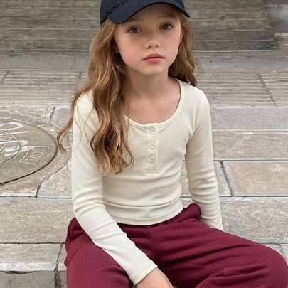 Tween-flicka) Beige figursydd långärmad T-shirt med halvknäppning fram, innerlager, rund hals, höst (8Y,9Y,10Y,11Y,12Y)