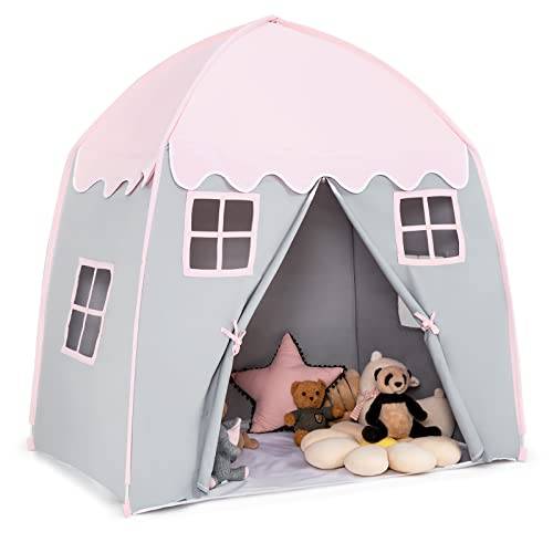 COSTWAY 143 x 100 x 155 cm lekhus för 2-3 barn, prinsessa, barntält, barntält med fönster och dubbel gardin, lektält inomhus- och utomhusbruk (rosa TP10052DE