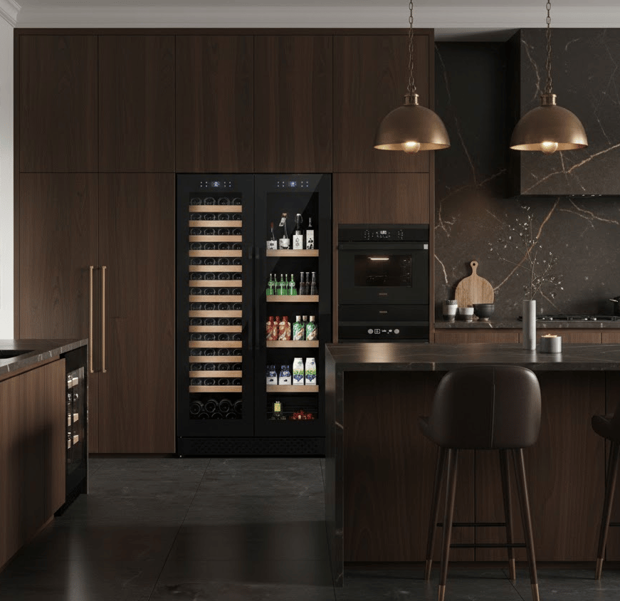 Stor vinkyl för 60 flaskor och 218 burkar | Exklusiv design med dubbla temperaturzoner 365 L - Vinkyl Svart Glas