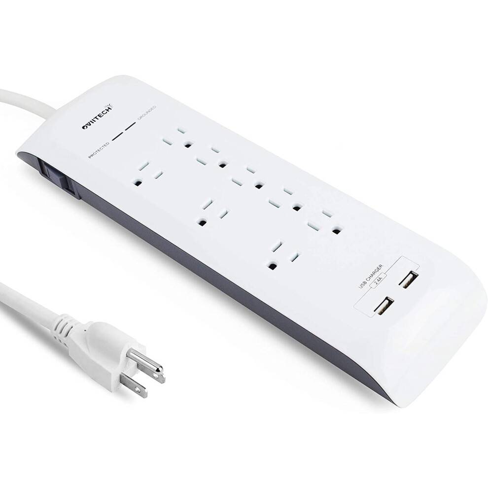 8-stiks overspændingsbeskyttet strømskinne med 2 USB-opladeporte (2,4A i alt, 2160 joule med 1,8 meter kraftig strømforsyning)