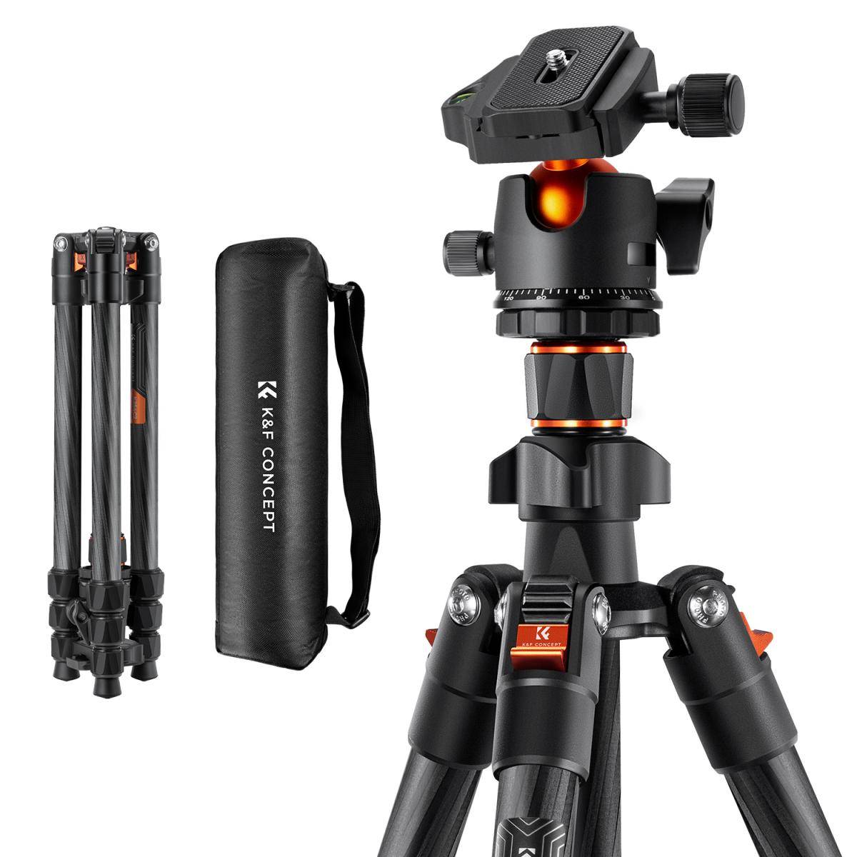 KENTFAITH 64"/1.6m Carbon Fiber Lightweight Travel Tripod with 36mm Ball Head Load Capacity 8kg/17.6lbs,Quick Release Plate,for DSLR Cameras Indoor Outdoor Use K254C2+BH-36L
