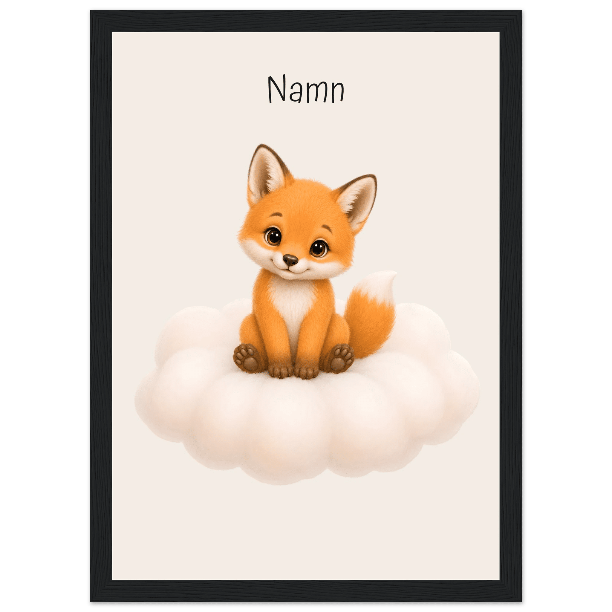 Räv på moln med namn-21x29.7 cm / 8x12" / Med ram / Svart