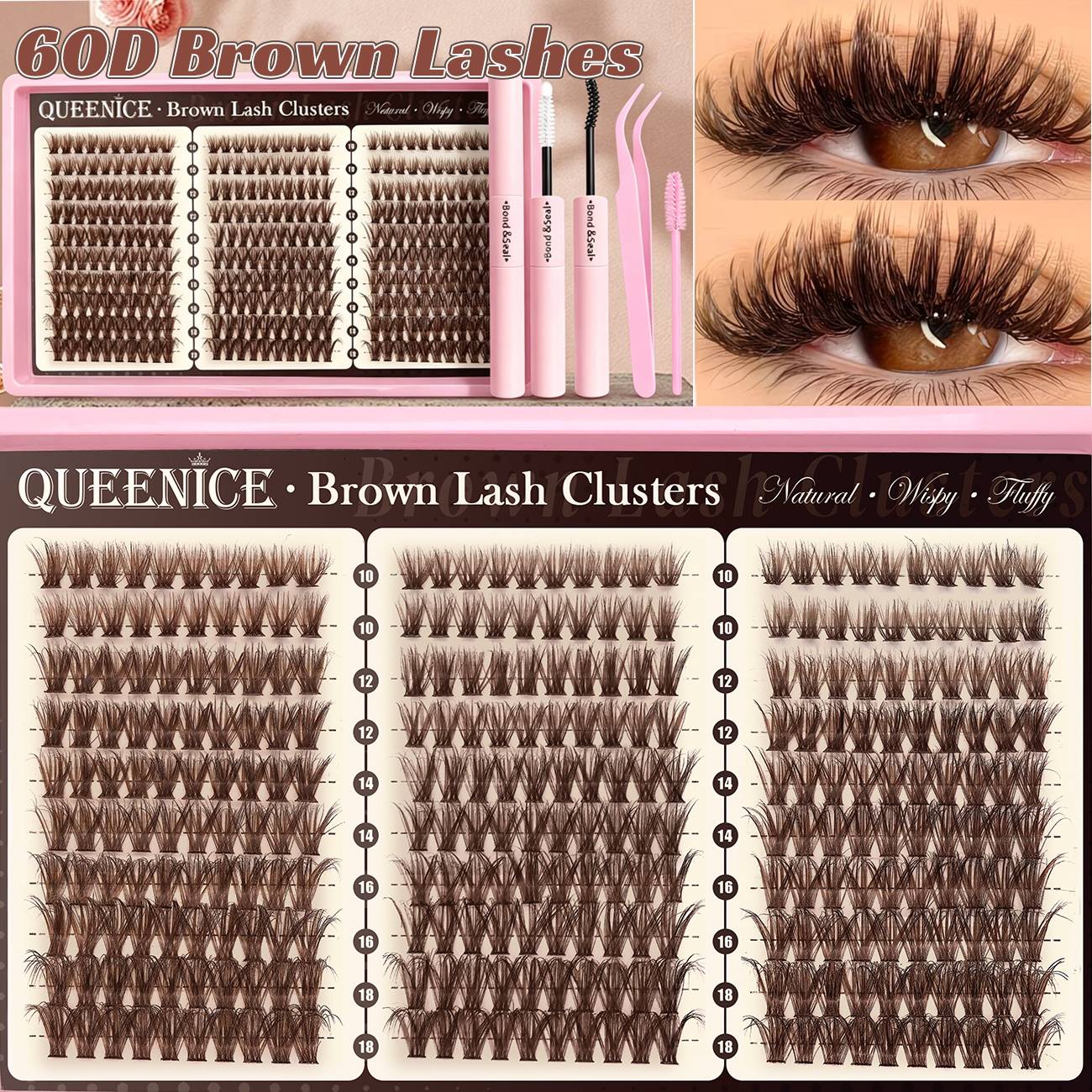 Brown Lash Clusters Kit Natural 300pcs Wispy Lash Clusters Individual Eyelash Extensions Kit C Waterproof Long Lasting Light Brown 10-16mm