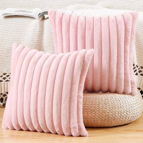 MADIZZ Set med 2 Mjuk plysch Kort Ull Sammet Dekorativa Kuddfodral 50x50 cm Rosa Fluffig Randig Mjuk Dekorativ Kuddfodral för Soffa Sovrum Kuddskal