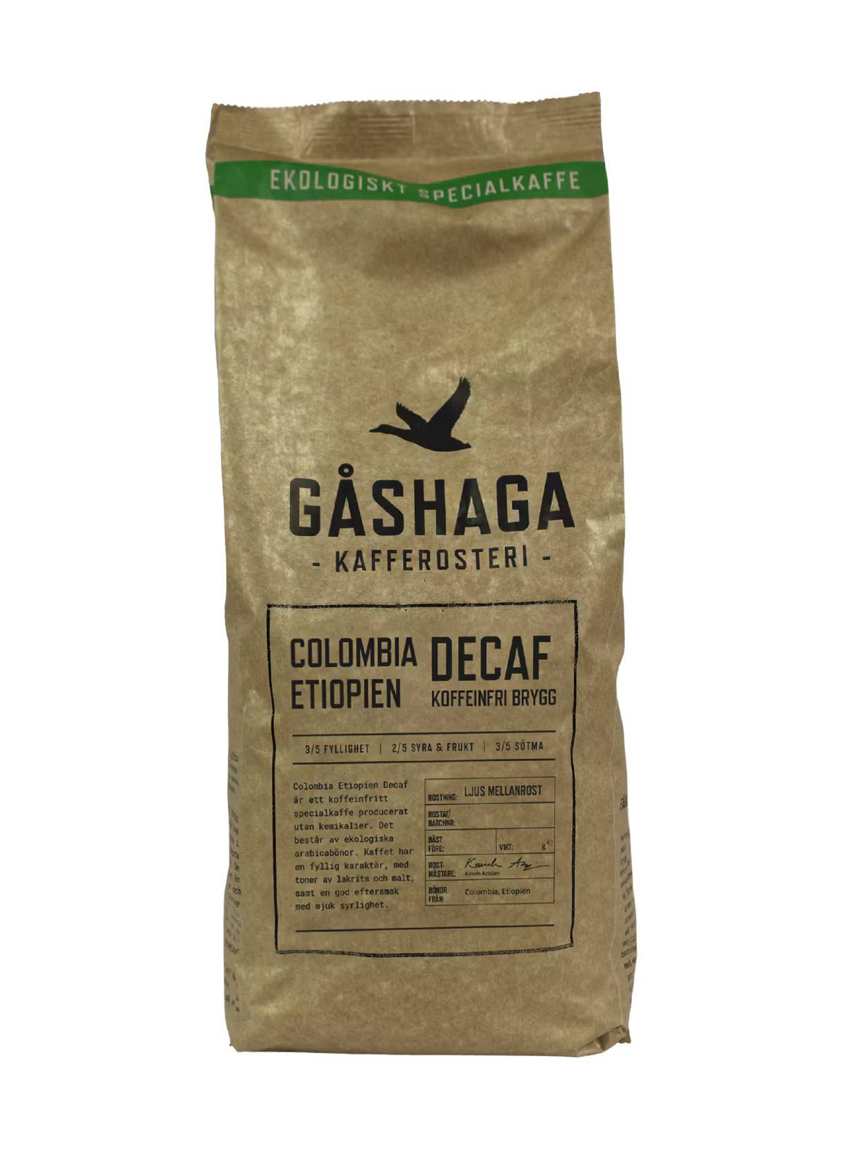 Gåshaga kafferosteri Colombia Etiopien koffeinfritt kaffebönor 1000g