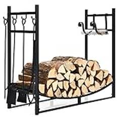 COSTWAY Vedhylla med 4 delar Kaminbestickset, vedhylla, metall, vedställ, kamintillbehör, vedhylla, öppen spis, svart (90 x 33 x 76 cm)