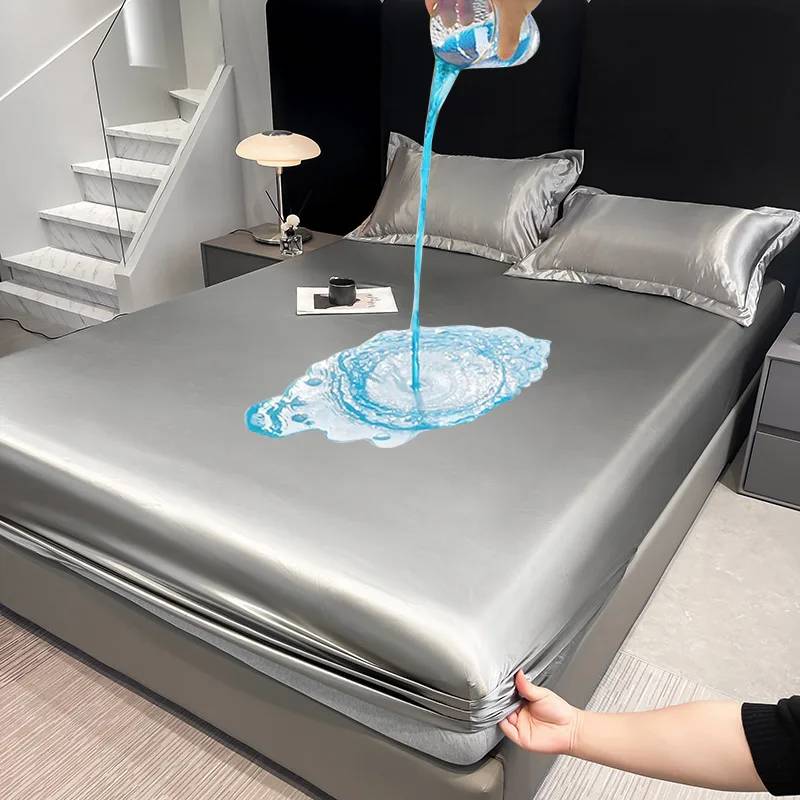Summer Satin Waterproof Couple Bed Fitted Sheet Double Bed Sheets Mattress Cover Bed Linen Protector Single Queen NO Pillowcase