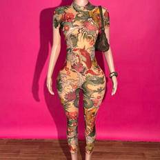 New Spring And Summer Street Music Festival Sexy Small Stand-Up Collar Short-Sleeved Slim Trousers See-Through Full-Frame Dragon Pattern Printed Mesh - Multicolor - L,M,S,XL,XS,XXL,XXS,XXXL,XXXXL