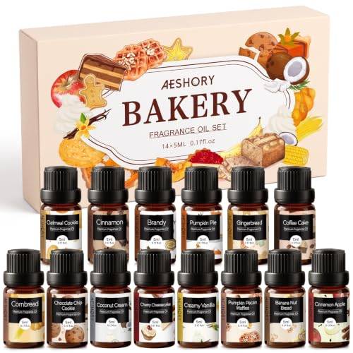 AESHORY Bakning Aromaterapi Eteriska Oljor Set 14 x 5ML, Aroma Diffuser Olja Doftoljor för Diffusorer, Luftfuktare, Ljustillverkning, Massage - Pumpapaj, Kaffekaka, Havrekaka, Pepparkaka, Kaneläpple