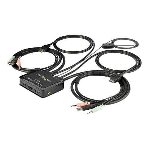 StarTech.com HDMI KVM-switch med 2 portar - 4K 60 Hz - Kompakt UHD/ultra HD USB KVM-switch för stationära datorer med dubbelport och inbyggda 1,2 m kablar samt audio - Bussdriven och fjärrswitchad - MacBook ThinkPad - omkopplare för tangentbord/video/mus/