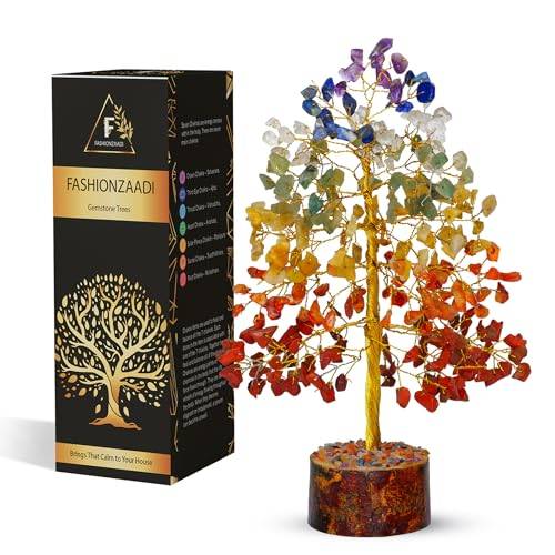 FASHIONZAADI Seven Chakra Crystal Gemstone Tree Feng Shui Bonsai Healing Crystal Stones Money Tree Natural Stone Chakra Balancing Home Office House Decor Great Gift Size: - 10 inch (Golden Thread)