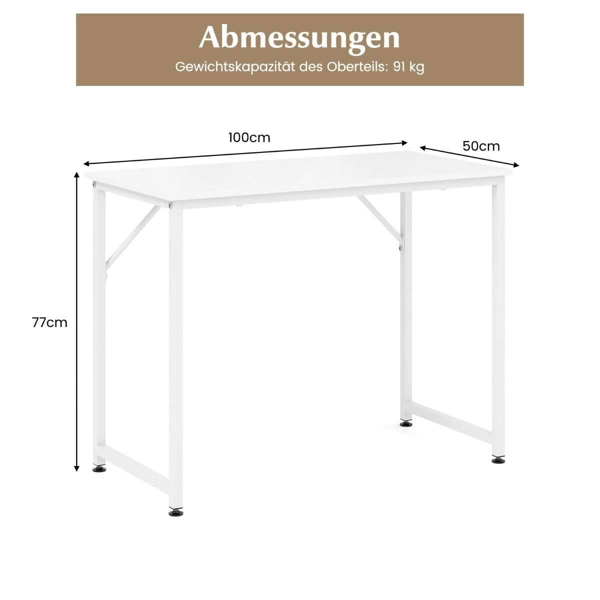 PC bord med justerbare trædepuder, kompakt computerbord, 100 x 50 x 77 cm, hvid