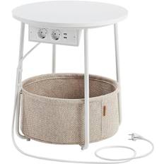Rundt sidebord med indbygget stikkontakt, USB-oplader og stofkurv, 45 cm - Hvid/Beige