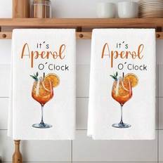 2 st köksredskapshanddukar akvarell köksredskap kök kock diskhandduk med "Det är Aperol O'Clock"-design bondgårdsdiskhandduk kök diskhandduk kök torkh - Vitt (40*60 cm)