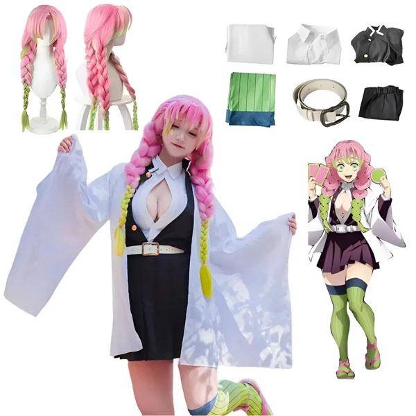 Anime Demon Slayer Kimetsu No Yaiba Kanroji Mitsuri Cosplay Kostym Dam Sexig Kimono Klänning Peruk 140cm