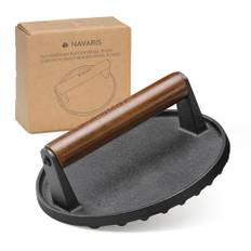 Navaris Smashed Burger Presse - Burgerpresse Gusseisen - Burger gesund und schmackhaft zubereiten - Grillpresse - Fleischbeschwerer - 17,5 x 17,5 cm - Rundes Gusseisen