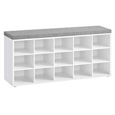 Garderobebænk 105x30cm med grå hynde og 15 rum til sko hvid