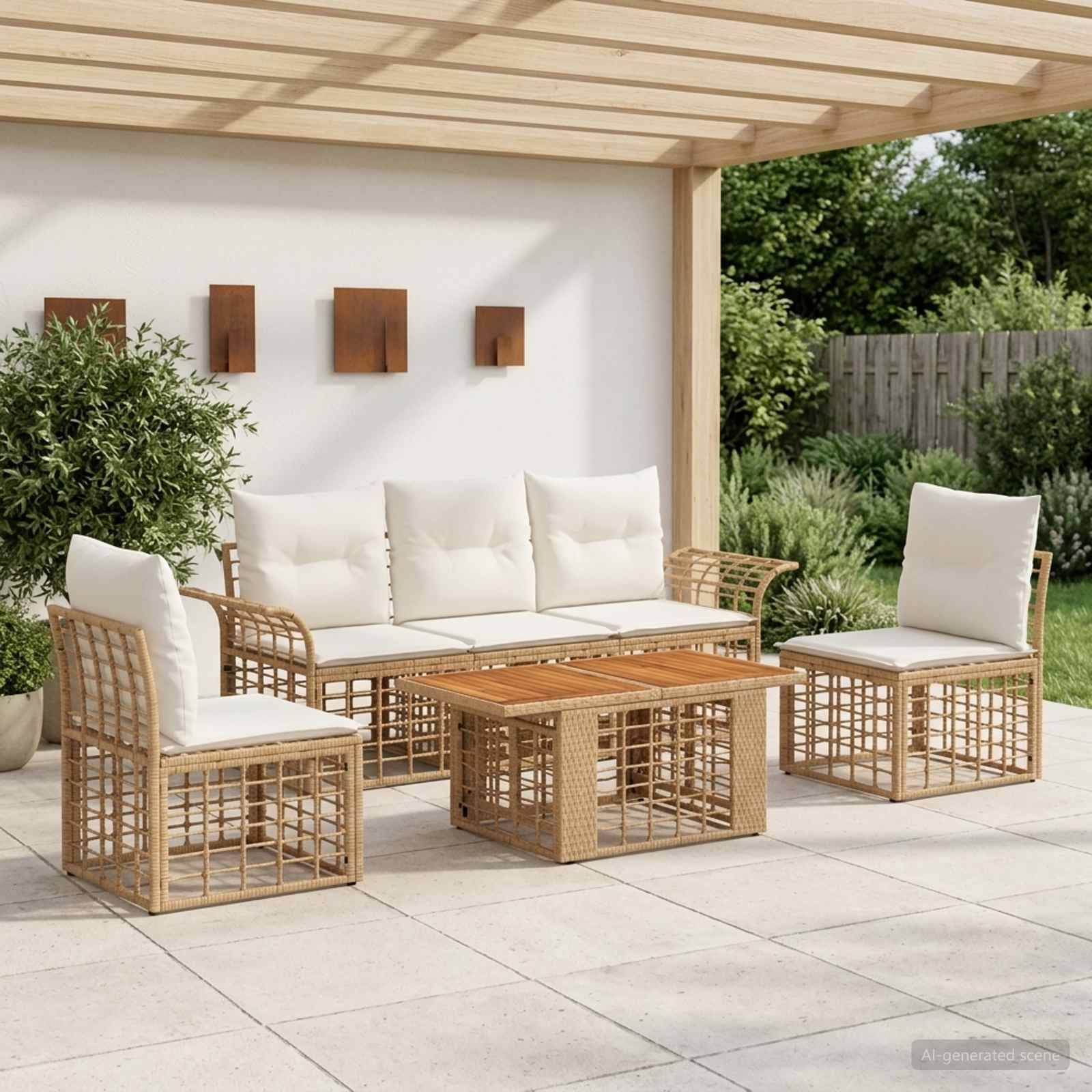 vidaXL Havesofa Sæt 6 stk. Naturlig og Creme Hvid polyrattan