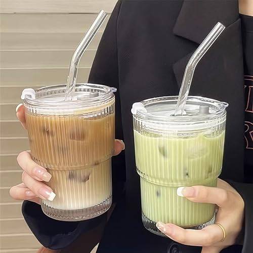 2 stycken 400 ml glasmugg med lock och sugrör, smoothiemugg i glas med sugrör, vattentät designad kaffemugg, resemugg, iskaffemugg, dricksglas