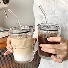 2 stycken 400 ml glasmugg med lock och sugrör, smoothiemugg i glas med sugrör, vattentät designad kaffemugg, resemugg, iskaffemugg, dricksglas