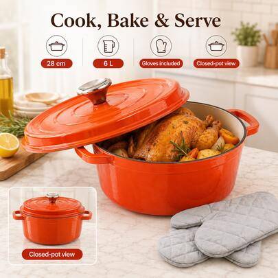 Emaljerad gjutjärnsgryta i Dutch Oven-stil 28 cm 6L med lock och handskar, rund gryta för grytor, soppa och familjemiddagar (En grytborste,Kastrull + handskar)