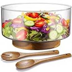 NiHome Stor 3600 ml salladsskål i glas med akacia trä salladstänger och förbättrad stabilitetsdesign, mångsidig serveringsskål för sallader, frukt, perfekt för sammankomster och dagliga