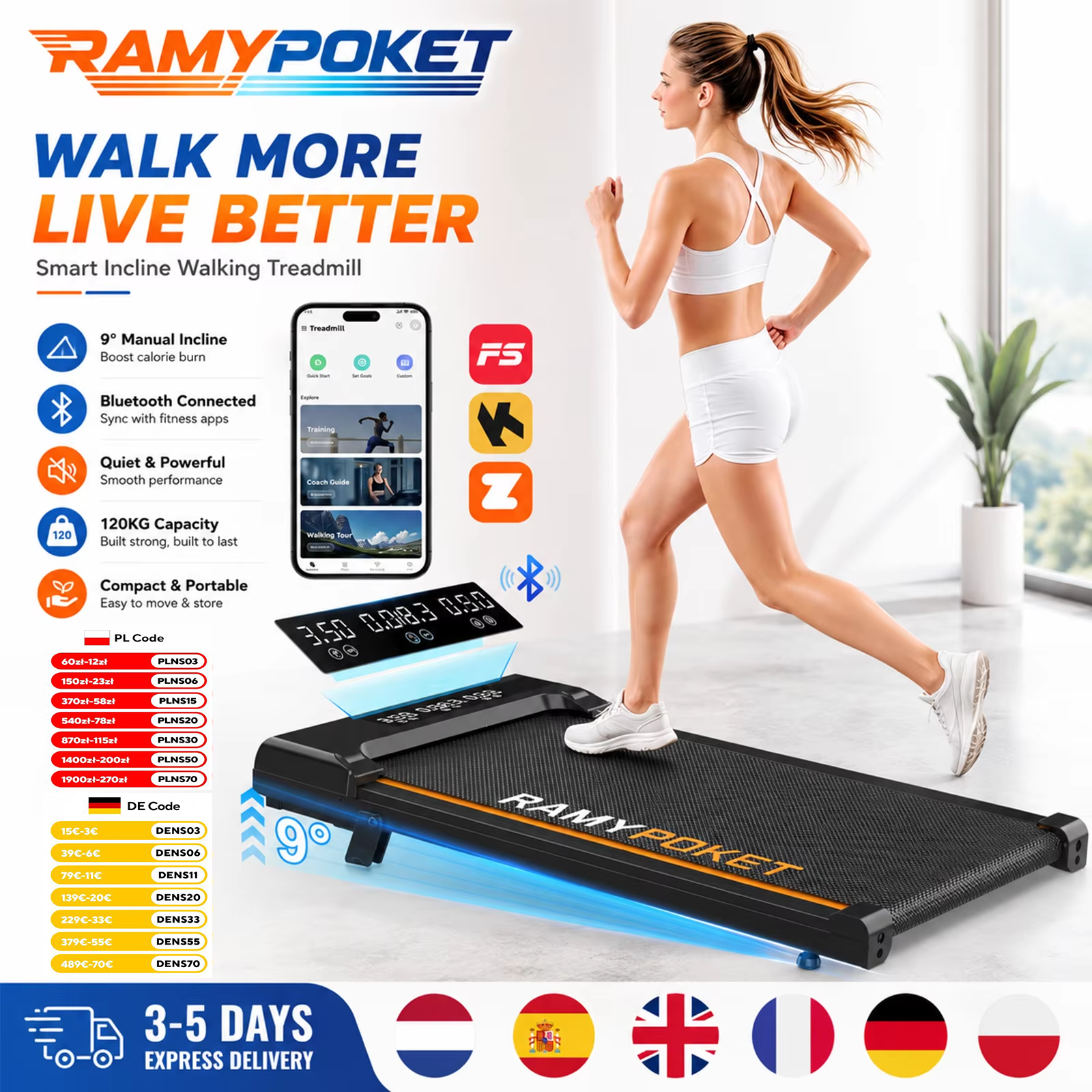 RAMYPOKET Foldable Walking Pad with 9% Incline Silent Motor Smart APP Three Window Display 1–8KM/H Speed 120KG Capacity Treadmill for Home Office