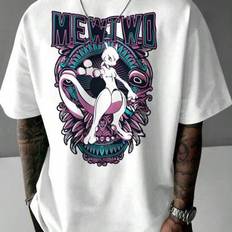 Herrtröja med rund hals och kort ärm, Pokémon Mewtwo-motiv, avslappnad - Vitt (L,M,XL,XXL,XXXL)