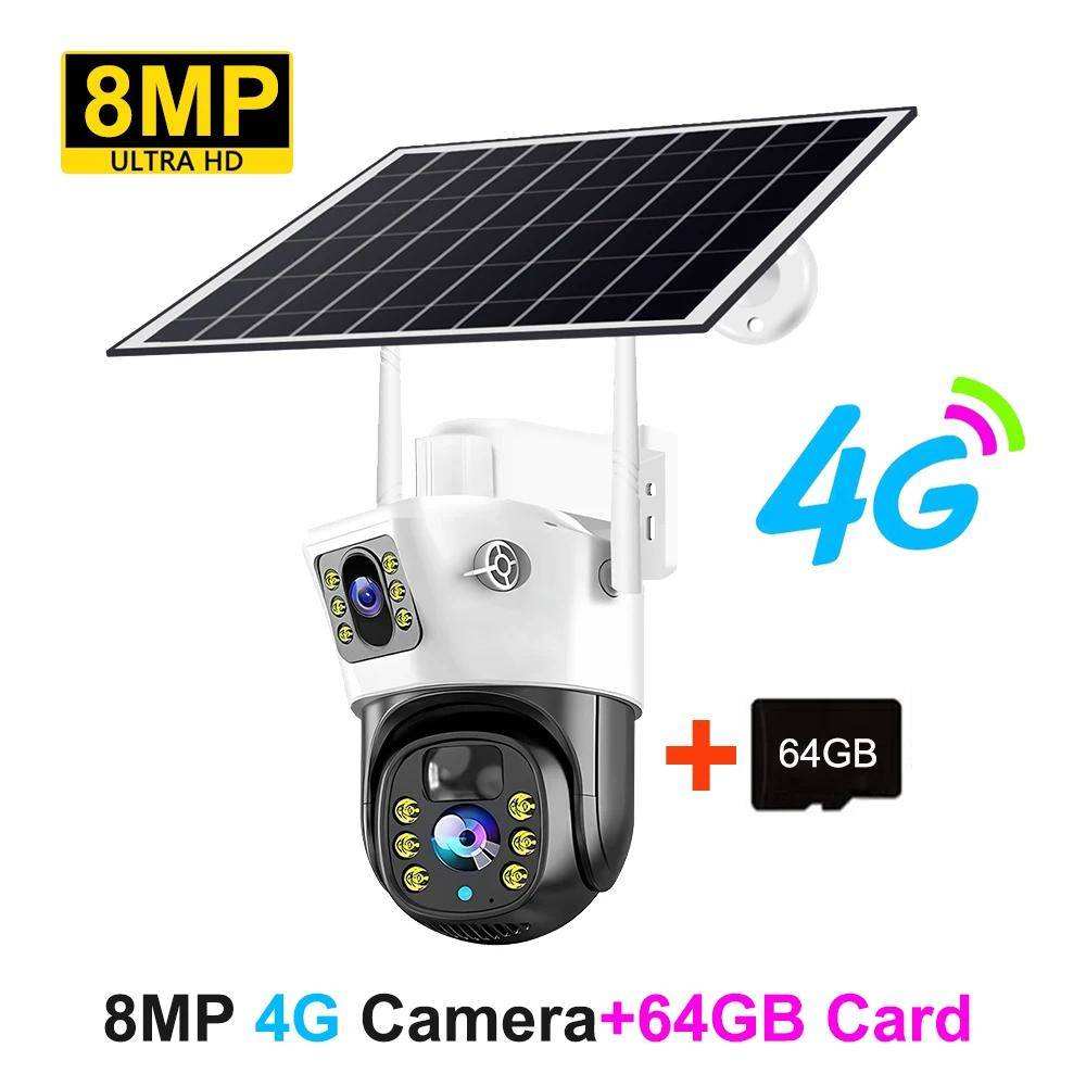 Ny 4G-kamera Trådlös Dubbellins Solcellsdriven 4K 8MP PTZ-kamera WIFI Solcellsdriven PIR Människodetektion CCTV Säkerhet V380 Utomhus Vattentät 8MP 4G+64GB Card