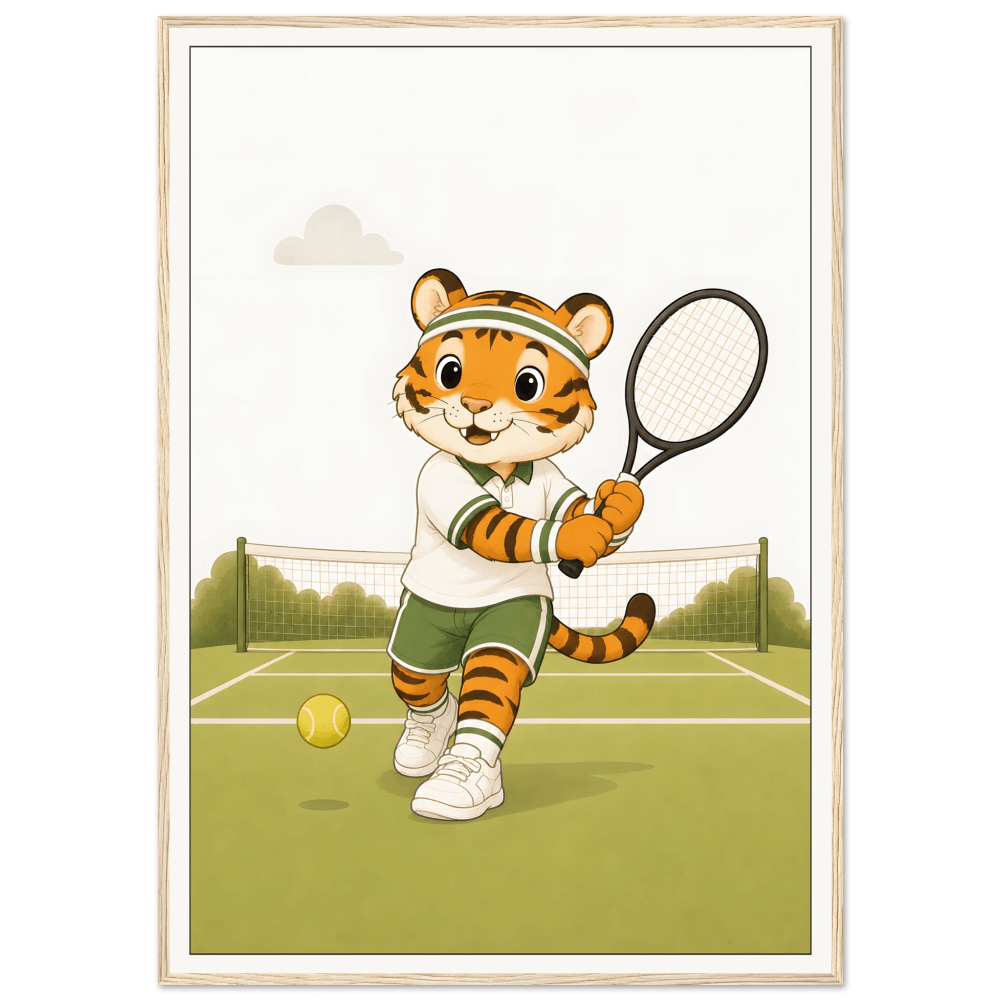Tiger spelar tennis-70x100 cm / 28x40″ / Med ram / Ljust trä