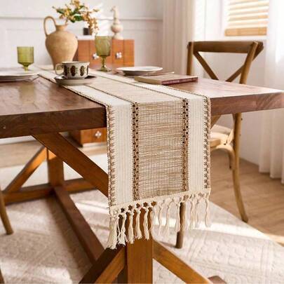 1 st. bohemisk chic bordslöpare med tofsar. Rustik lantlig krämbrun och grön beige. Randig design, makramévirkad polyester. Perfekt för matsal, sovrum - Kaki (50*30 cm,120*30 cm,160*30 cm,180*30 cm,200*30 cm,220*30 cm,275*30 cm)
