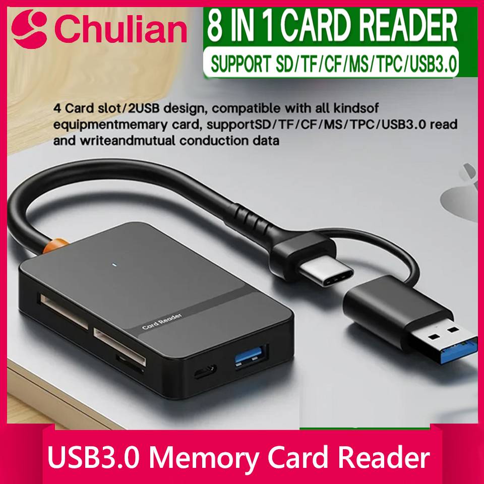 8-in-1 Card Reader USB3.0 Hub CF/SD/MS/TF Memory Card Reader for PC iPhone15 16 Trail Camera Converter External USB Flash Drive