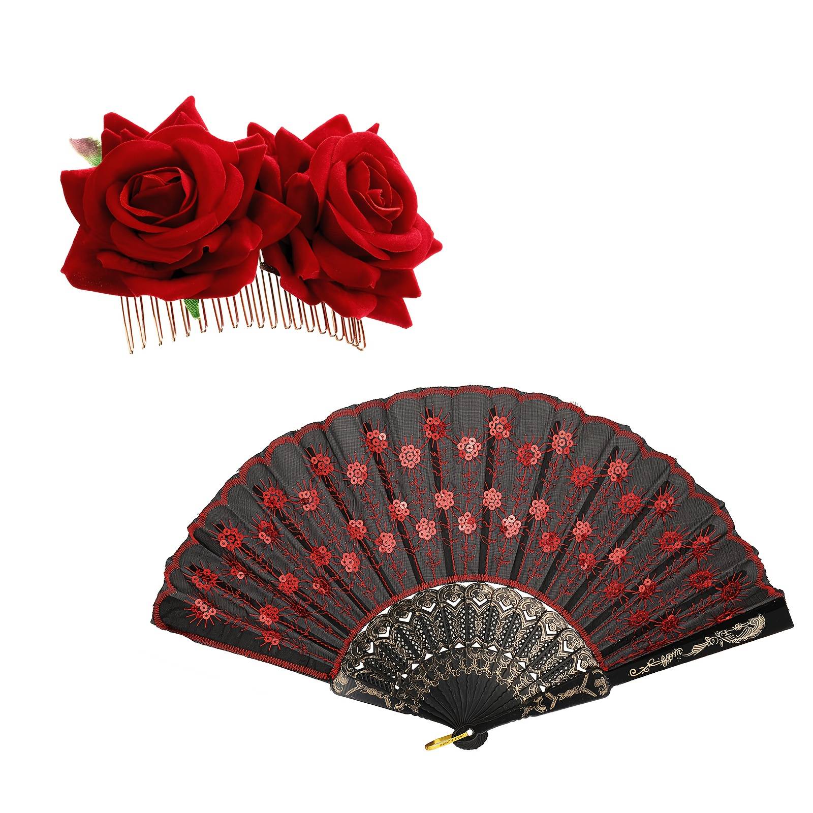 TEMU 2pcs Women's Flamenco Dance Costume Set, Including An Embroidered Sequin Fan And Rose Hair Clip. Spanish Dance Attire Suitable For Flamenco Parties, Weddings, Cosplay, And Stage Performances