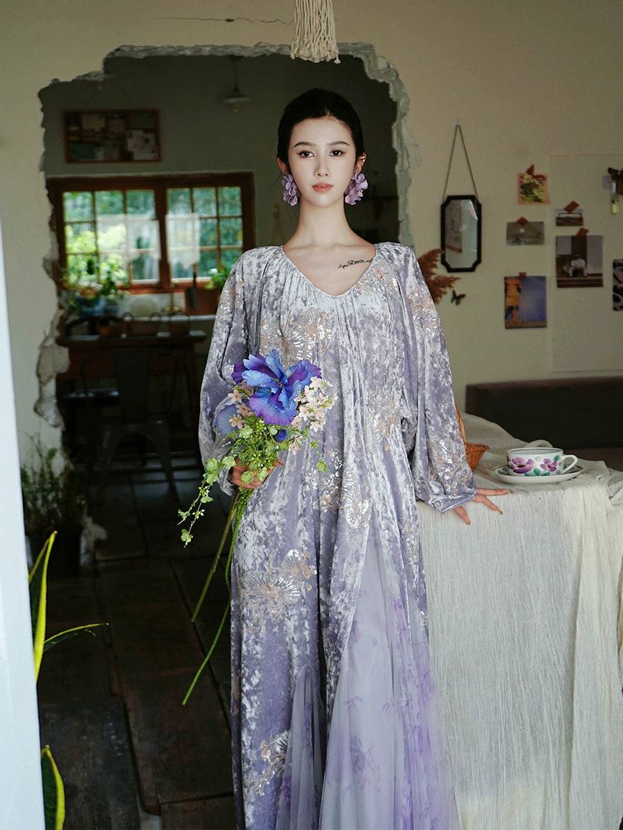 Modern Oriental Dress in Heavy Silk Velvet | Intricate Bead and Sequins Embroidery - Zitang Fengming / S