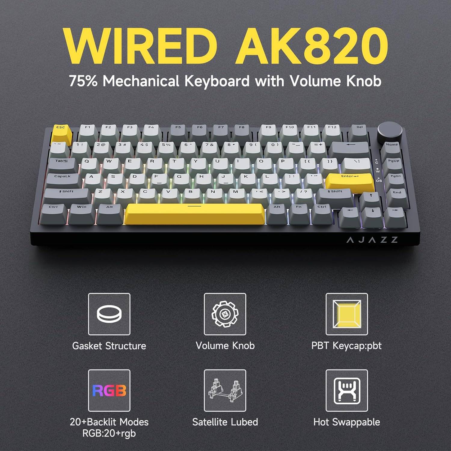 Ajazz AK820 Wired Mechanical Keyboard, 75% Gaming Keyboard with Volume Control Knob, QWERTY Layout, 82 Keys, Five-Layer Sound Insulation Pad, South-Oriented RGB, Full-Key Hot Swap